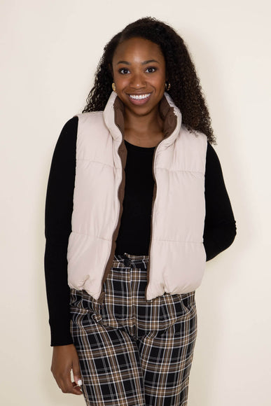 Love Tree Cropped Reversible Puffer Vest for Women in Cocoa Brown