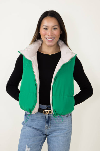 Love Tree Cropped Reversible Puffer Vest for Women in Green/Beige