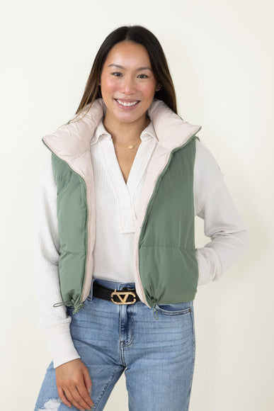 Love Tree Cropped Reversible Puffer Vest for Women in Olive/Beige