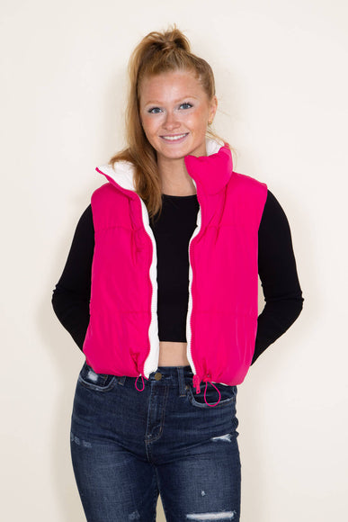 Love Tree Cropped Reversible Puffer Vest for Women in White/Fuchsia