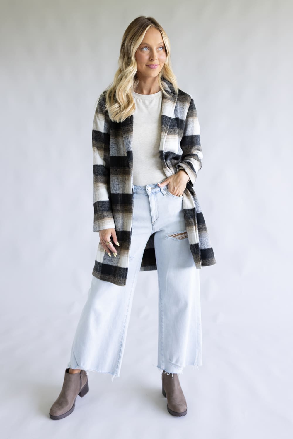 Love Tree One Button Plaid Long Coat for Women in Combo Black 