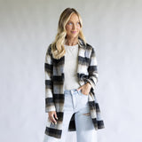 Love Tree One Button Plaid Long Coat for Women in Combo Black 