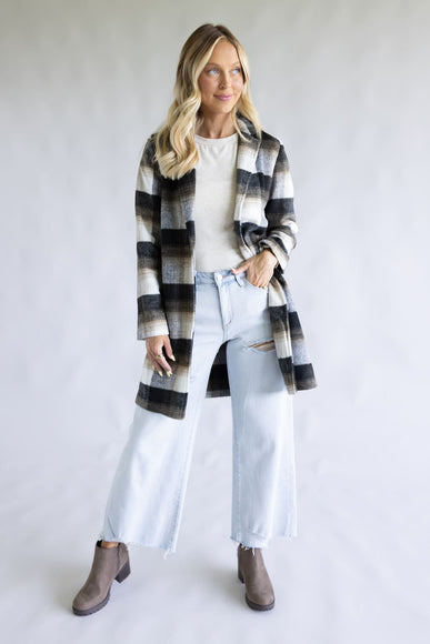 Love Tree One Button Plaid Long Coat for Women in Combo Black 