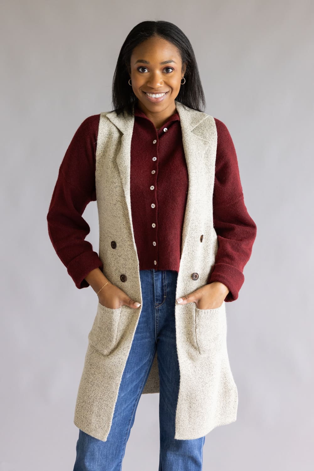 Love Tree Sleeveless Long Sweater Vest for Women in Oatmeal