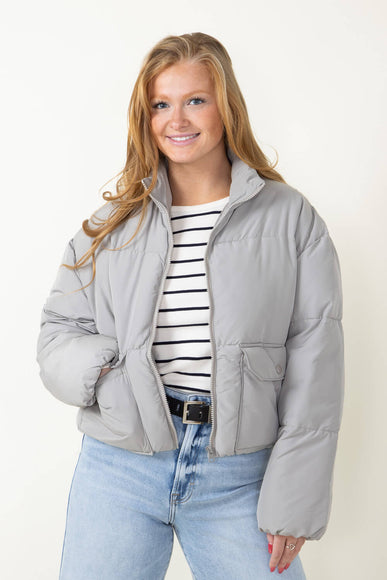 Love Tree Waist Length Puffer Jacket for Women in Grey
