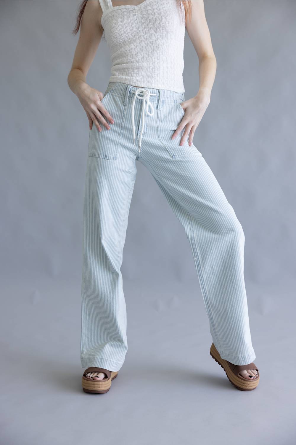 Lovervet by Vervet Striped High Rise Drawstring Wide Leg Jeans for Women | LV2262STR