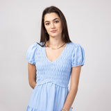 Smocked Bodice Puff Sleeve Tiered Dress for Women in Blue