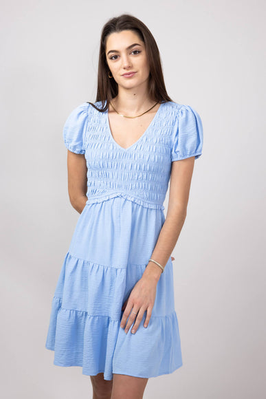 Smocked Bodice Puff Sleeve Tiered Dress for Women in Blue
