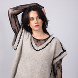 Aaron & Amber Embroidered V-Neck Sweater Vest for Women in Oatmeal