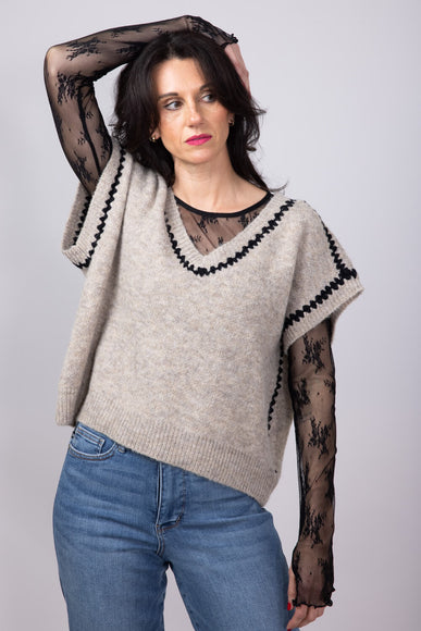 Aaron & Amber Embroidered V-Neck Sweater Vest for Women in Oatmeal