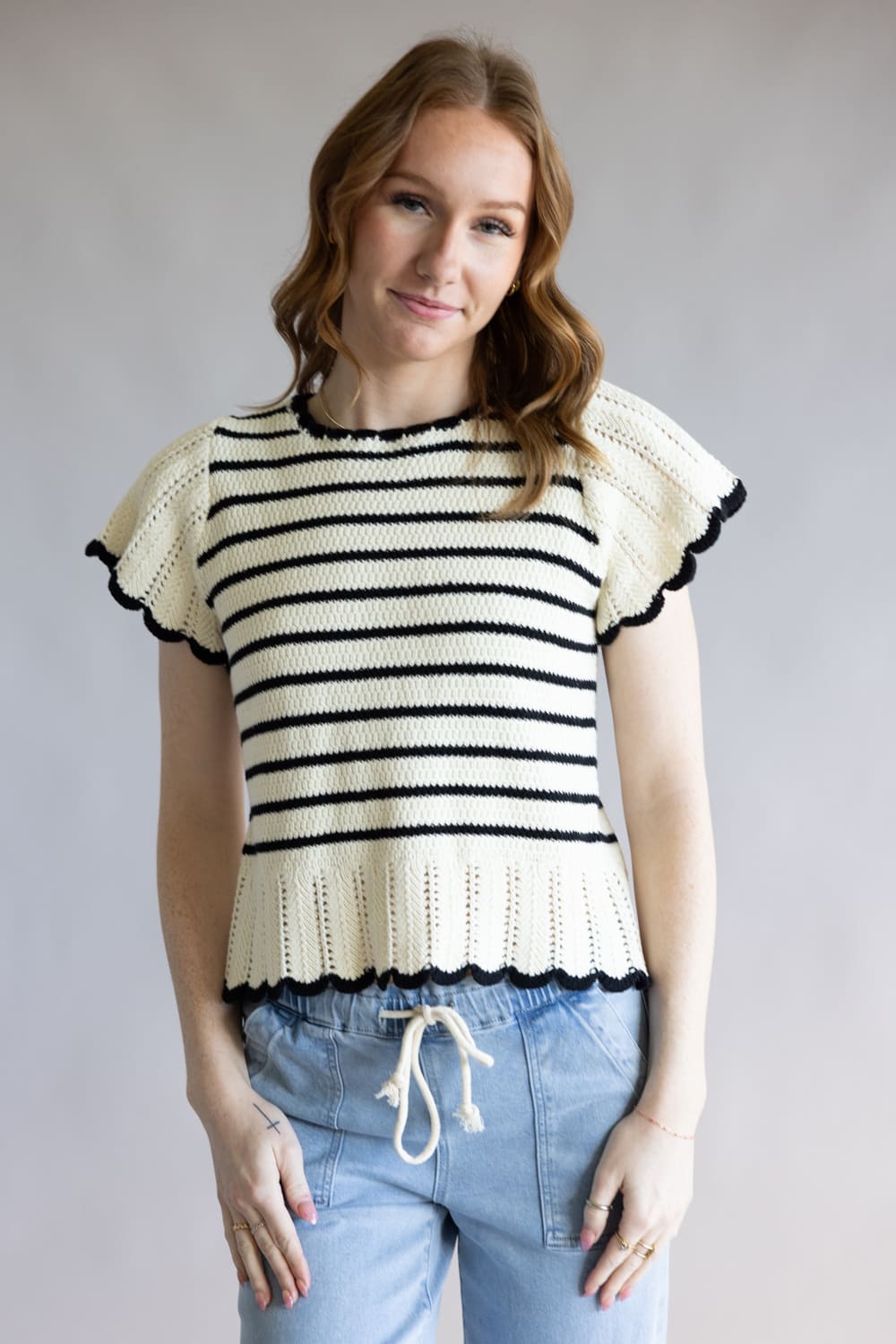 Crochet Striped Flutter Sleeve Sweater for Women in Natural/Black