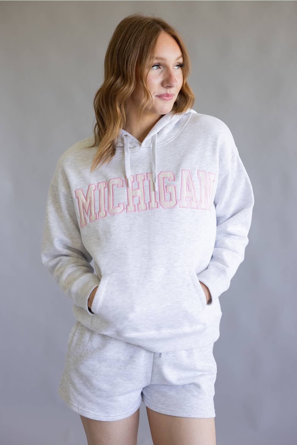 Striped Michigan Embroidered Hoodie for Women in Grey