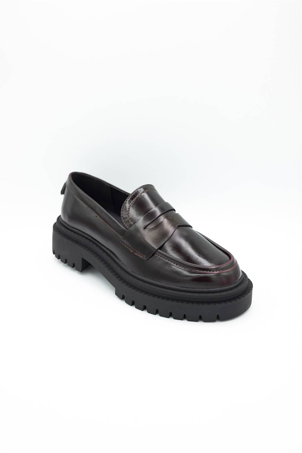 MIA Henrik Platform Loafers in wine red leather, featuring a chunky lug sole, round moc toe, and classic penny loafer strap detail, displayed against a plain white background.