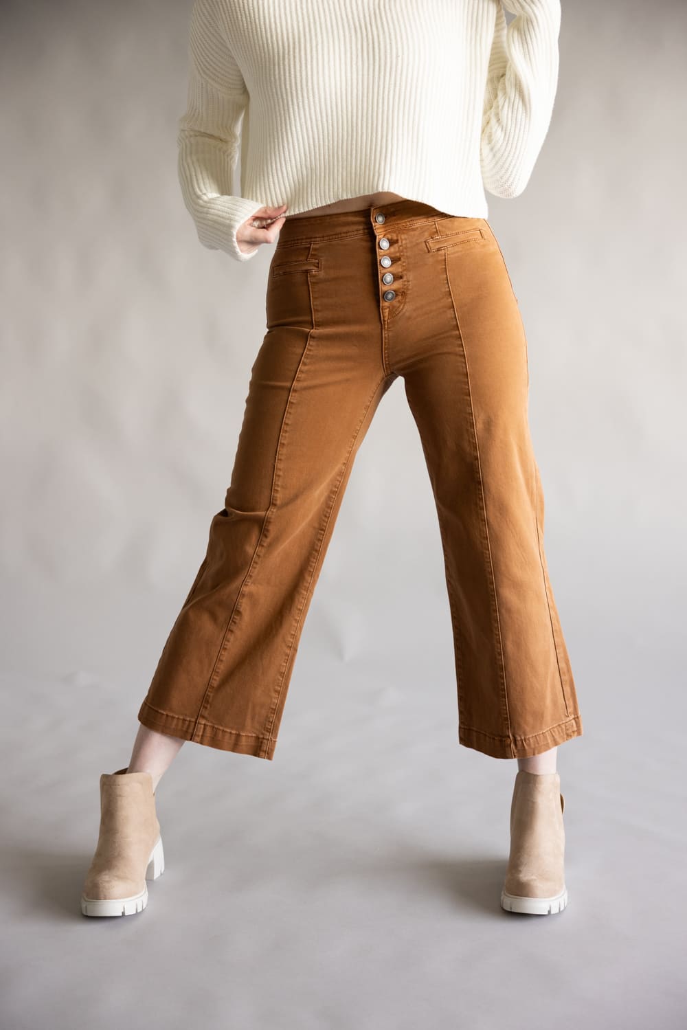 Mica High Rise Caramel Button Fly Cropped Wide Leg Jeans for Women