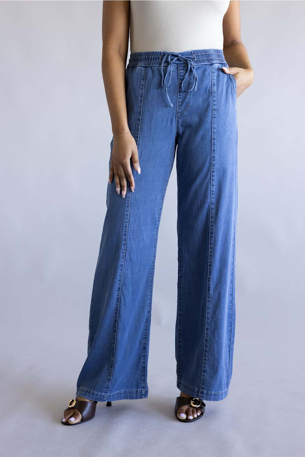 Mica High Rise Drawstring Wide Leg Pants for Women in Denim | MDP