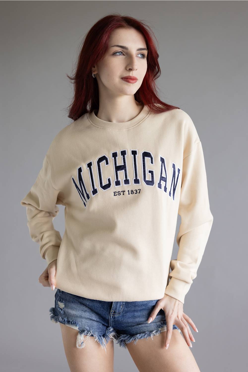 1897 Active Embroidered Michigan Fleece Sweatshirt for Women in Cream