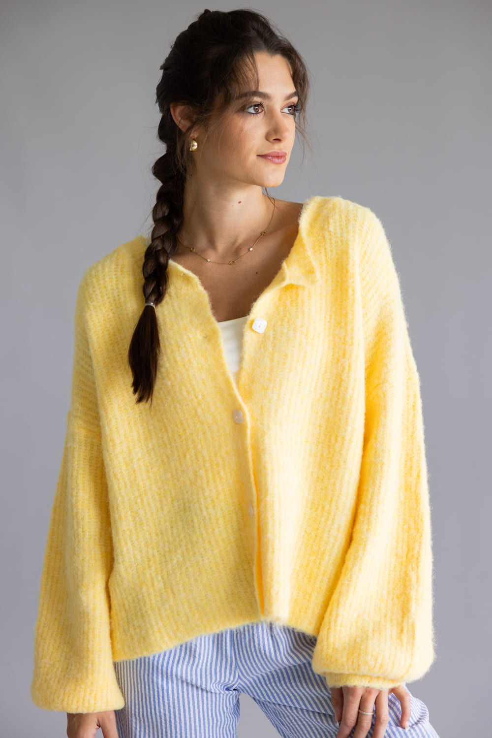 Mimosa Balloon Sleeve Knit Cardigan for Women in Yellow | MK7129