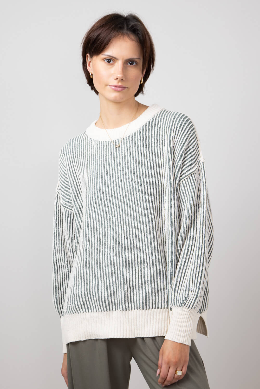 Vertical Stripe Sweater for Women in White Olive SWT70146