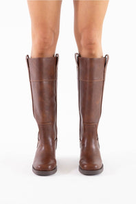 front view of womens brown riding boots with square toe