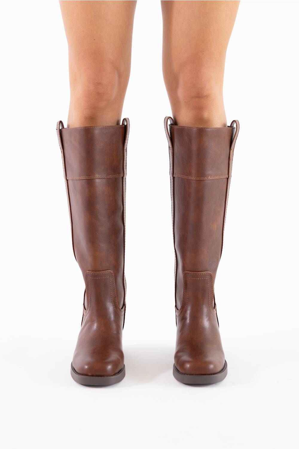 front view of womens brown riding boots with square toe