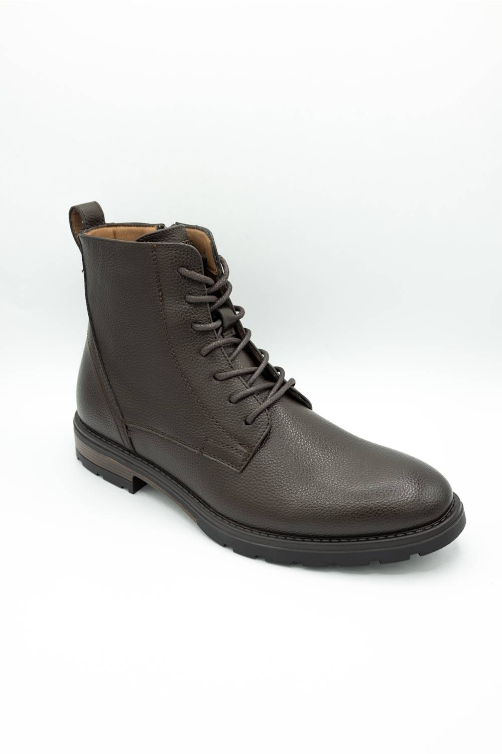 A dark brown leather lace-up ankle boot with a low block heel and a pull tab, shown from a three-quarters angle on a light gray background.