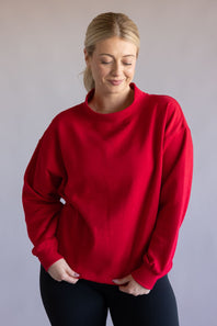 Mock Neck Oversized Fleece Pullover for Women in Red