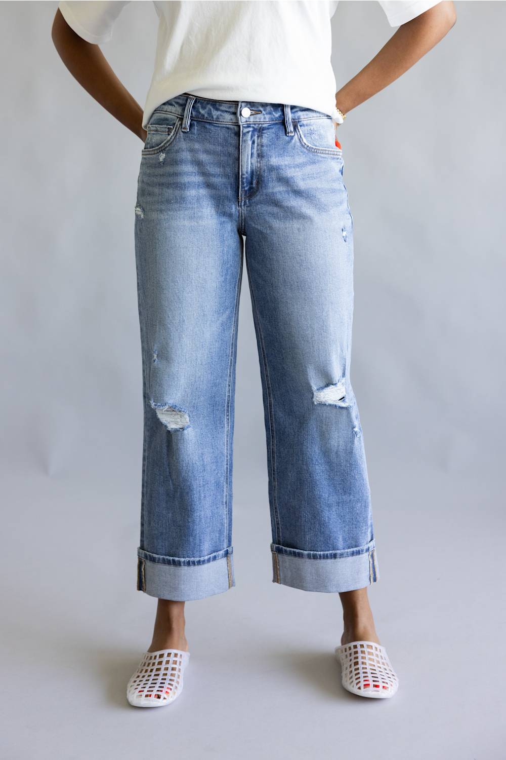 Vervet Mid Rise Cropped Straight Leg Cuff Jeans for Women