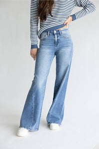 Flying Monkey Mid Rise Distressed Waistband Twisted Wide Leg Jeans for Women | F9197
