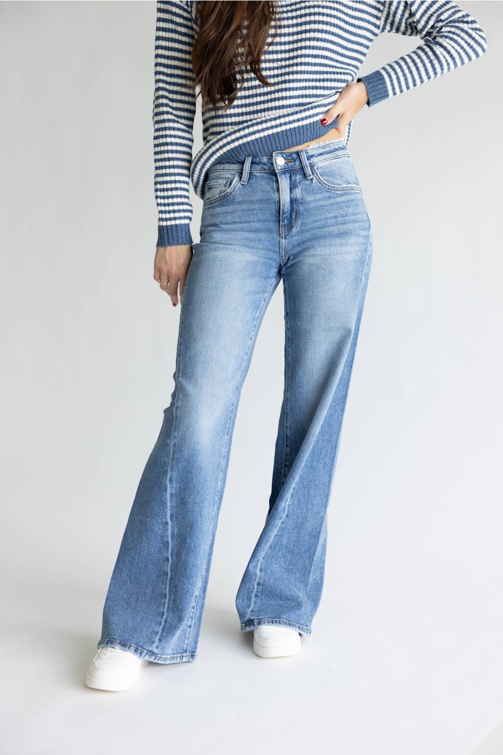 Flying Monkey Mid Rise Distressed Waistband Twisted Wide Leg Jeans for Women | F9197