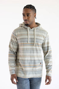 A man wearing a long-sleeve hooded sweatshirt with horizontal stripes in beige, brown, and blue-gray, paired with blue jeans, against a plain white background.