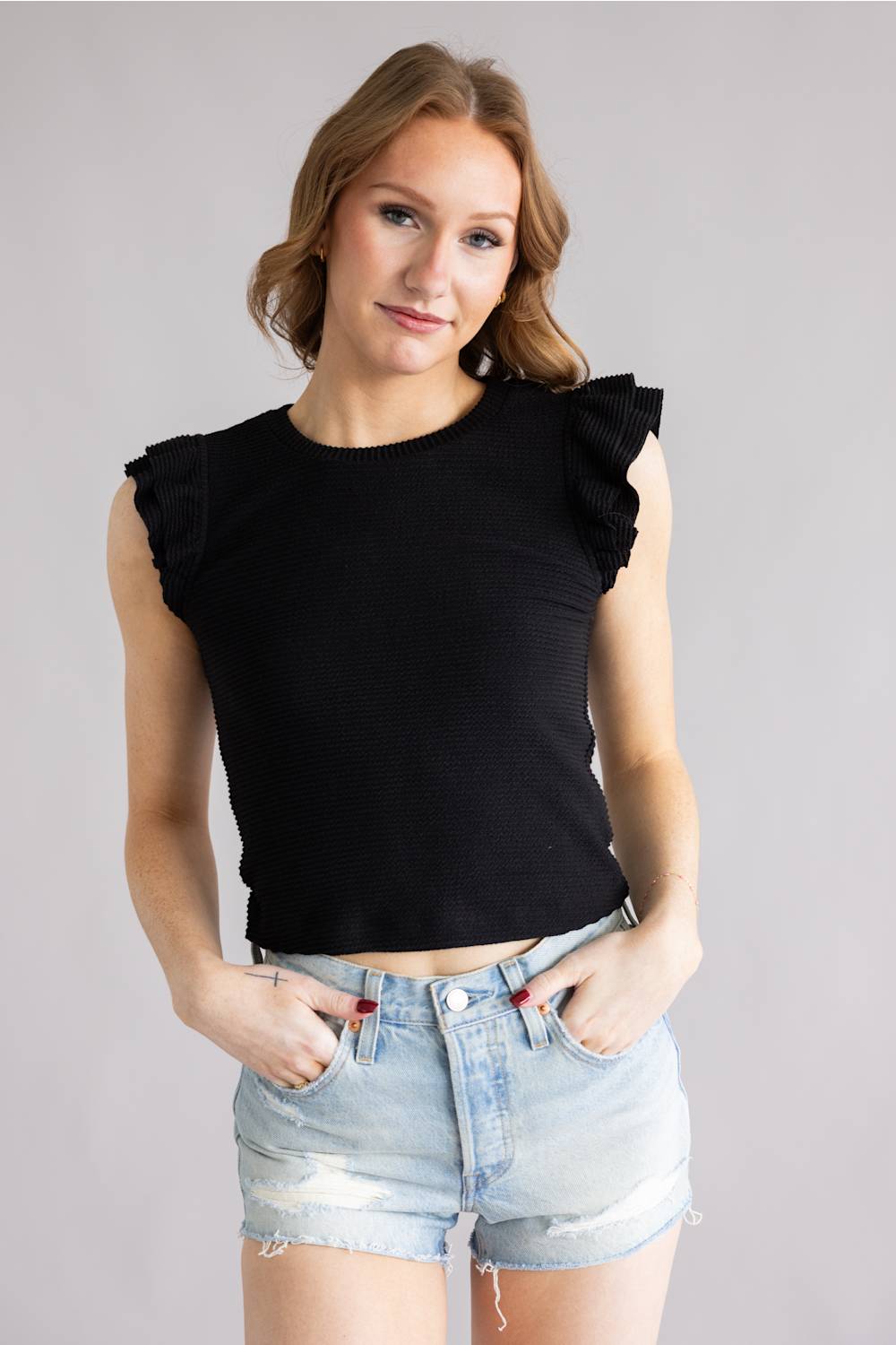 Urban Rib Flutter Sleeve Top for Women in Black | MTL825-URB-JETBLACK