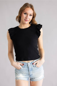 Urban Rib Flutter Sleeve Top for Women in Black | MTL825-URB-JETBLACK