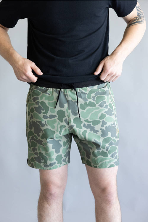 Marsh Wear TideLock 7.5” Boardshorts for Men in Green Mallard Camo