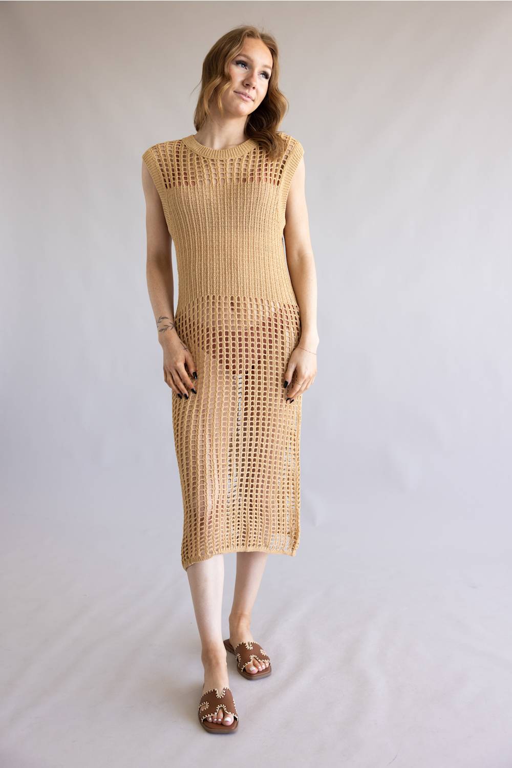 Mesh Longline Tunic Cover-Up for Women in Camel