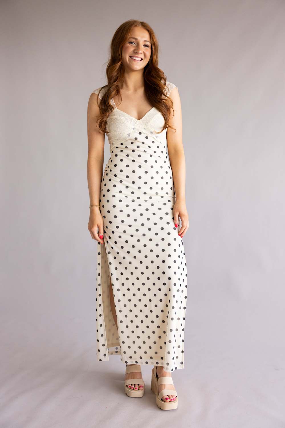 Mesh Polka Dot Lace Detail Maxi Dress for Women in Cream