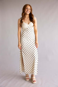 Mesh Polka Dot Lace Detail Maxi Dress for Women in Cream