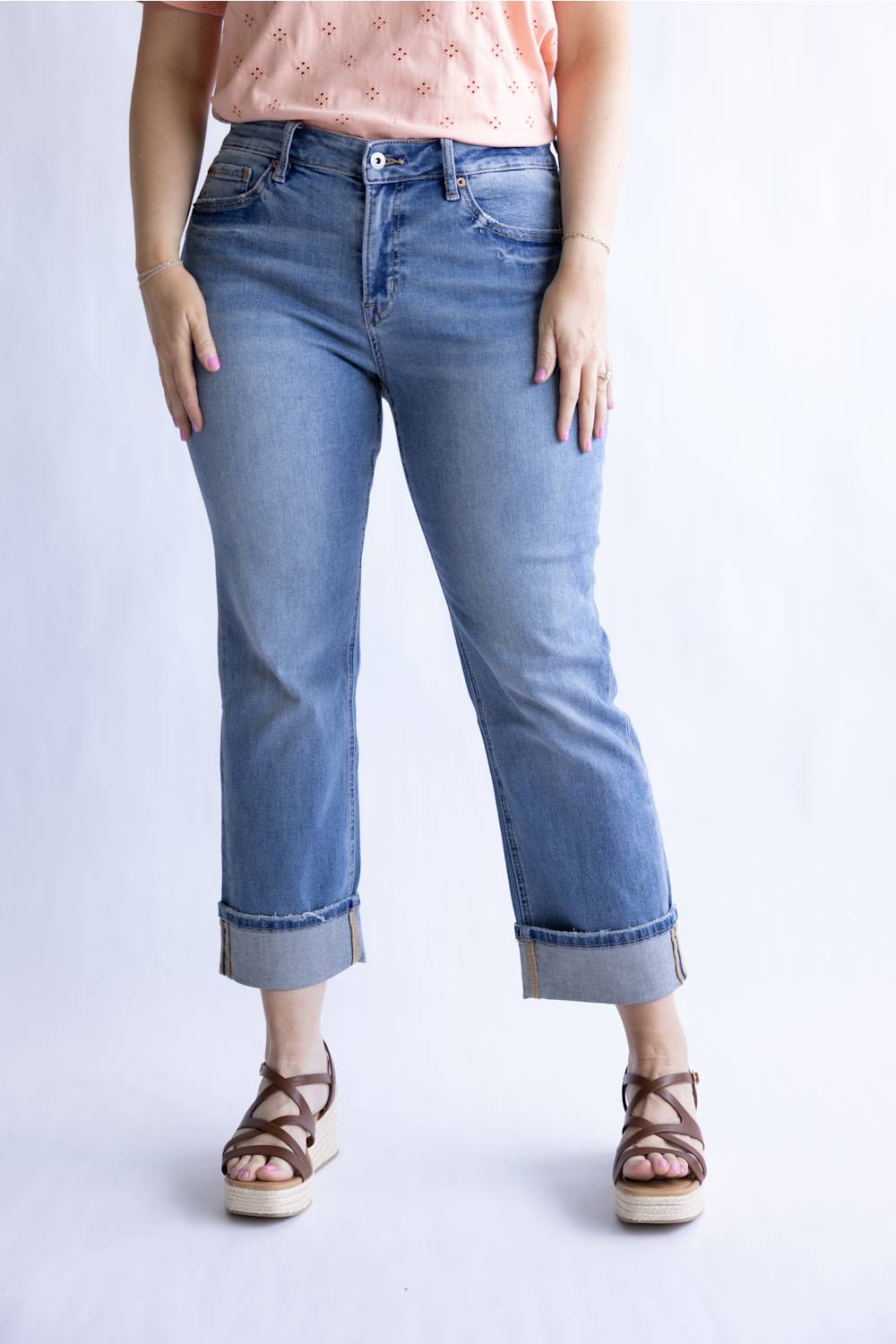 Mica Mid Rise Crop Straight Leg Cuffed Jeans for Women