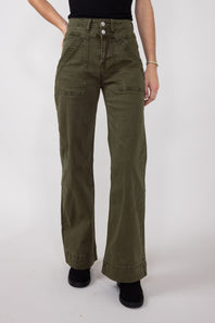 Mica Super High Waisted with Double Waistband Wide Leg Pants for Women in Fern Green