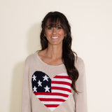 Miracle Clothing Knit American Flag Heart Sweater for Women in Beige