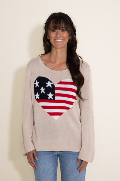 Miracle Clothing Knit American Flag Heart Sweater for Women in Beige