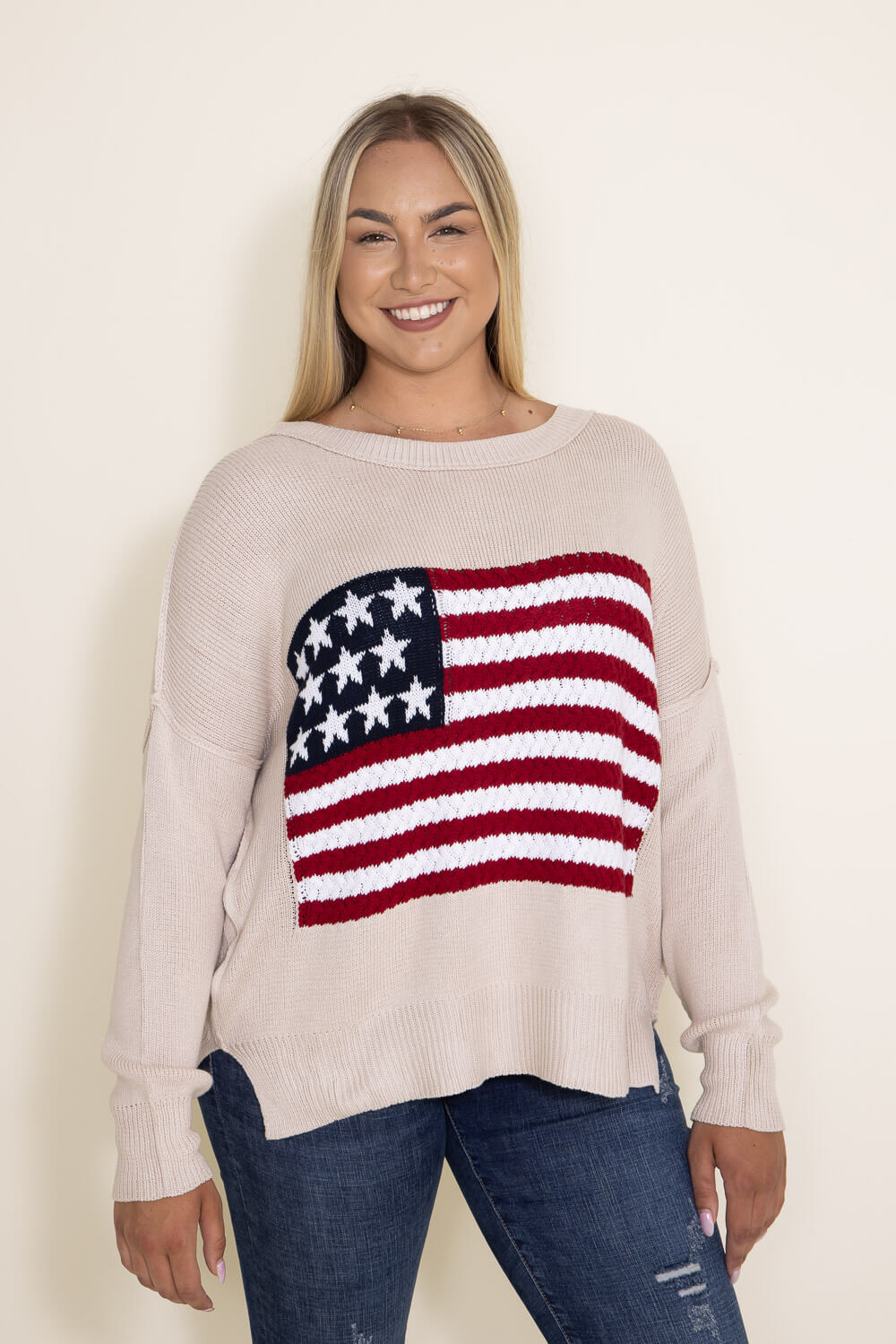 Miracle Knit American Flag Sweater for Women in Beige