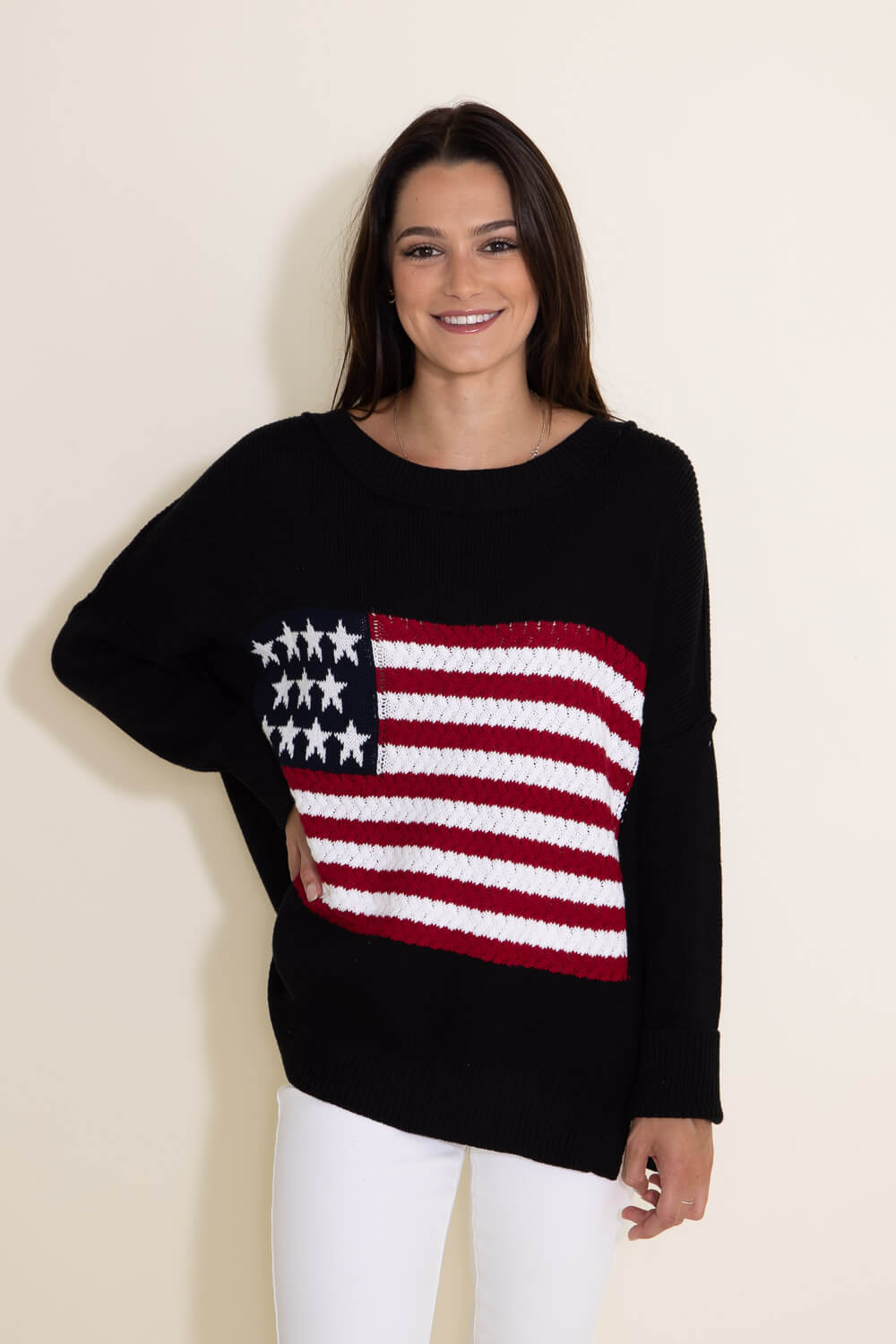 Miracle Clothing Knit American Flag Sweater for Women in Black