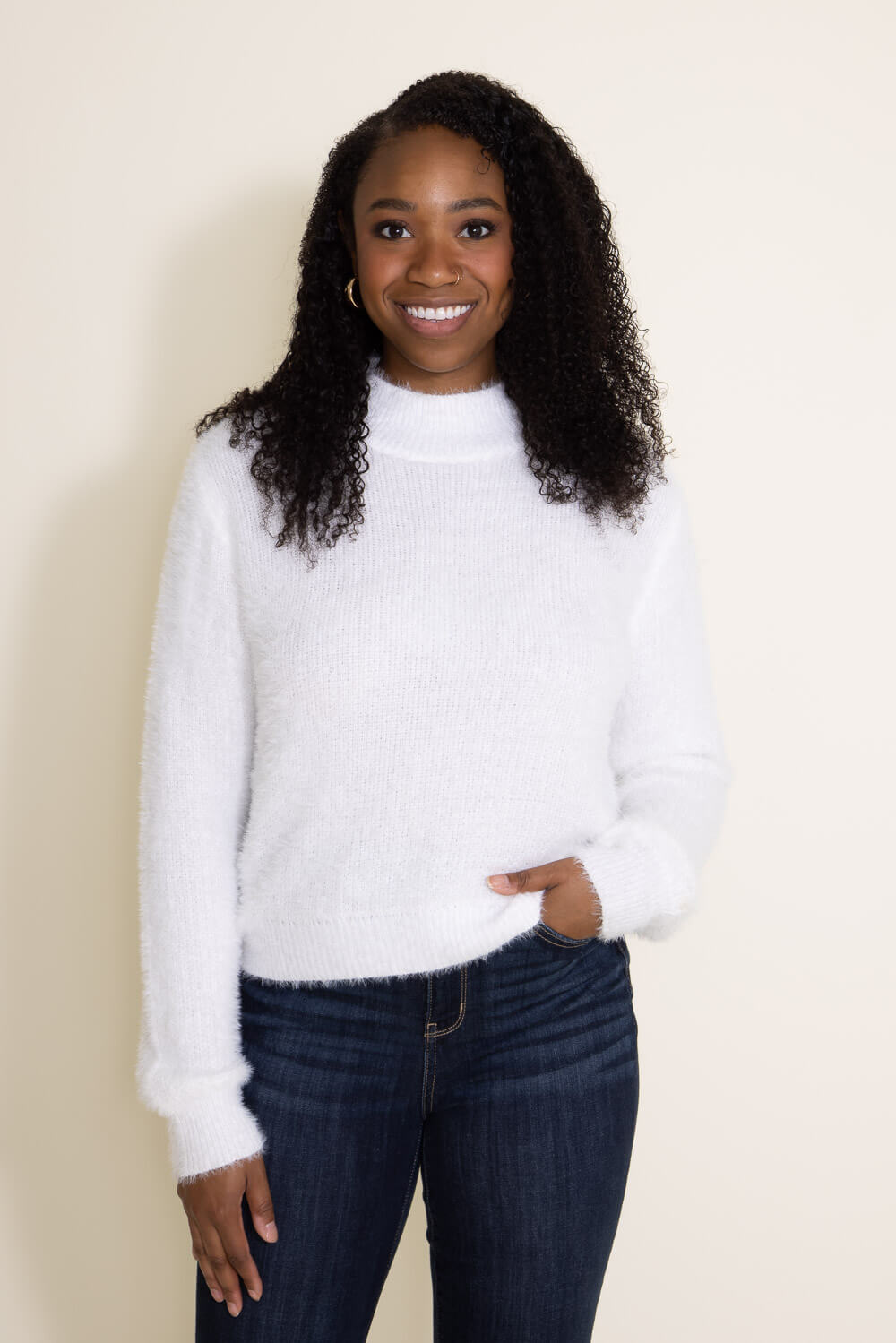 Miracle Clothing Mock Neck Eyelash Sweater for Women in White