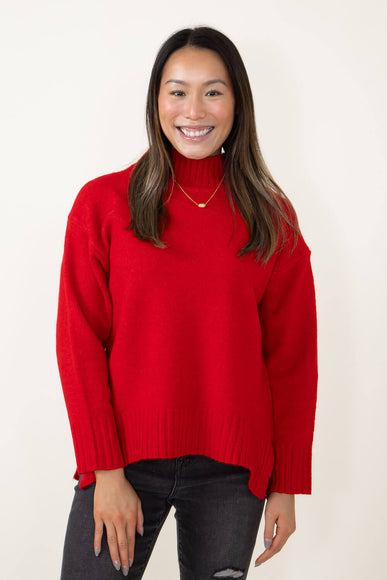 Miracle Clothing Mock Neck High Low Sweater for Women in Red