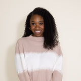 Miracle Clothing Stripe Mock Neck Sweater for Women in Beige White