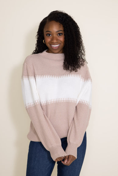 Miracle Clothing Stripe Mock Neck Sweater for Women in Beige White