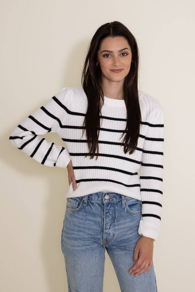 Miracle Clothing Striped Ribbed Knit Sweater for Women in White