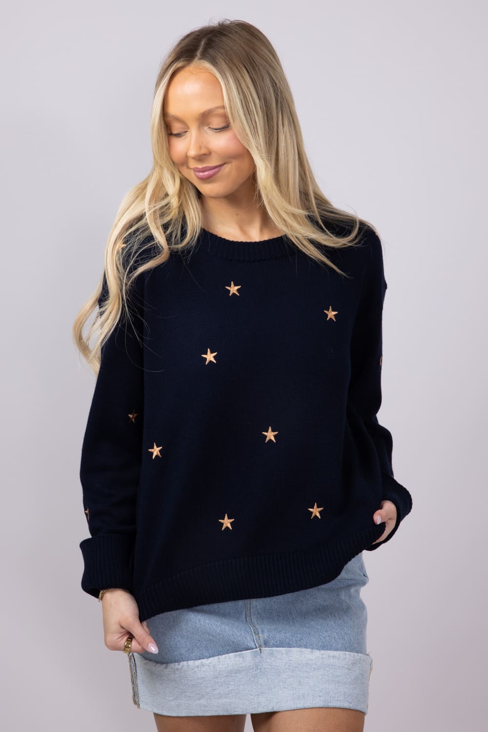 Miracle Embroidered Star Sweater for Women in Navy