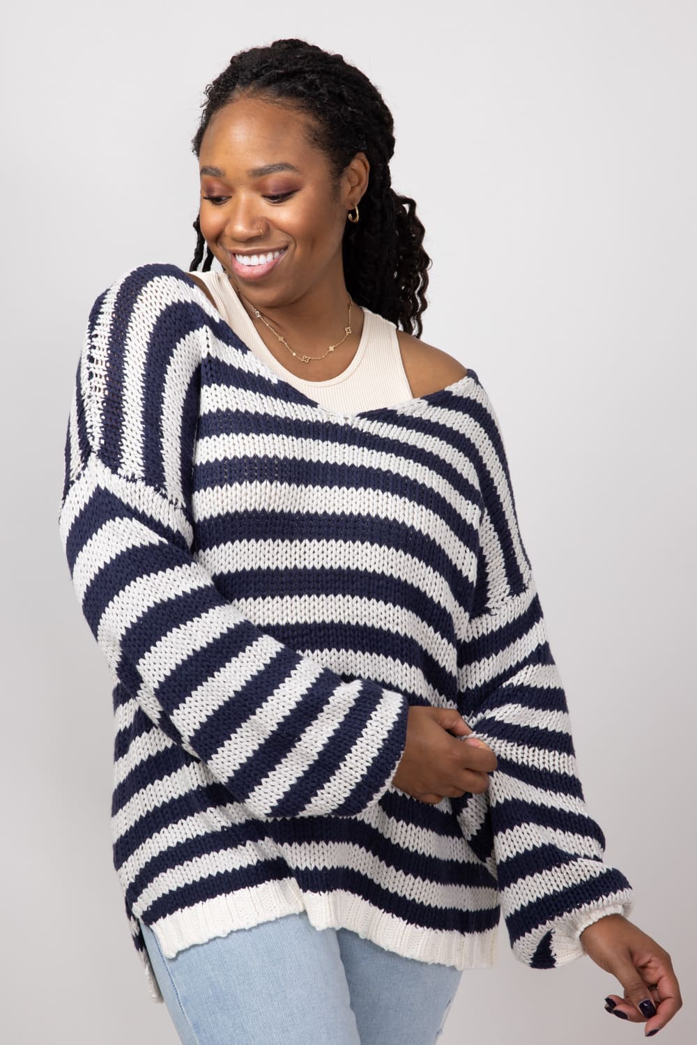 Miracle Striped V Neck Sweater for Women in Denim Combo
