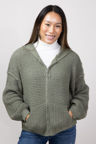 Miracle Textured Hooded Zip Sweater for Women in Sage
